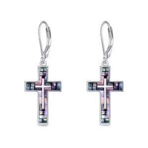 YFN Cross Earrings Sterling Silver Abalone Shell Cross Earrings Dangle Drop Earrings Jewelry Gifts for Women