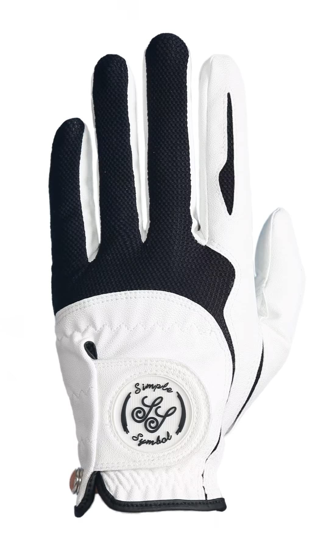 SIMPLE SYMBOL Men's Golf Glove Premium Synthetic Leather,Net Fabric,Stable Grip,Six Pack Value Left Hand Right Hand（Left is Wear on Left Hand,Right is Wear on Right Hand）(Black,S,Left)