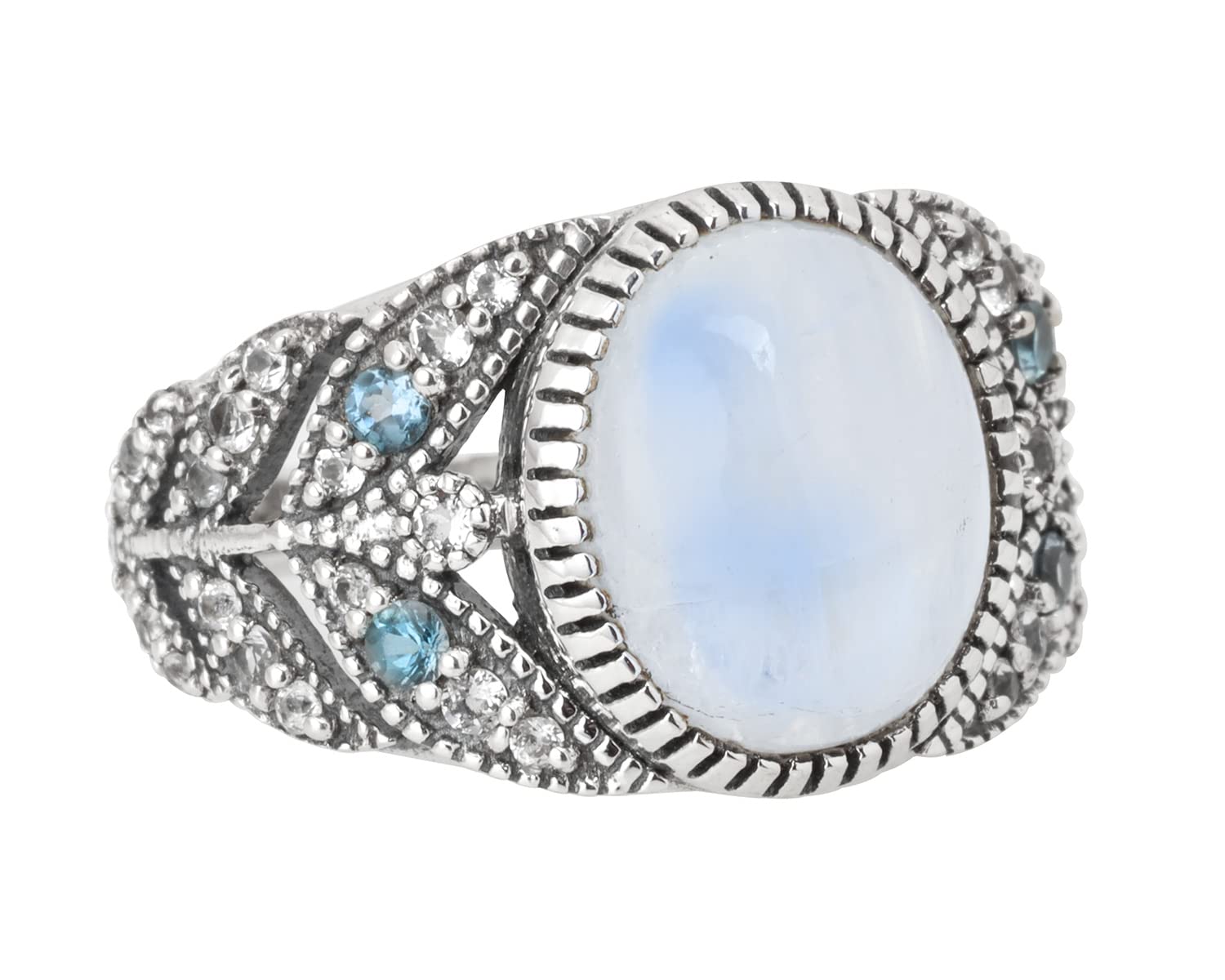 YoTreasure Rainbow Moonstone Swiss Blue Topaz 925 Sterling Silver Designer Ring Jewelry