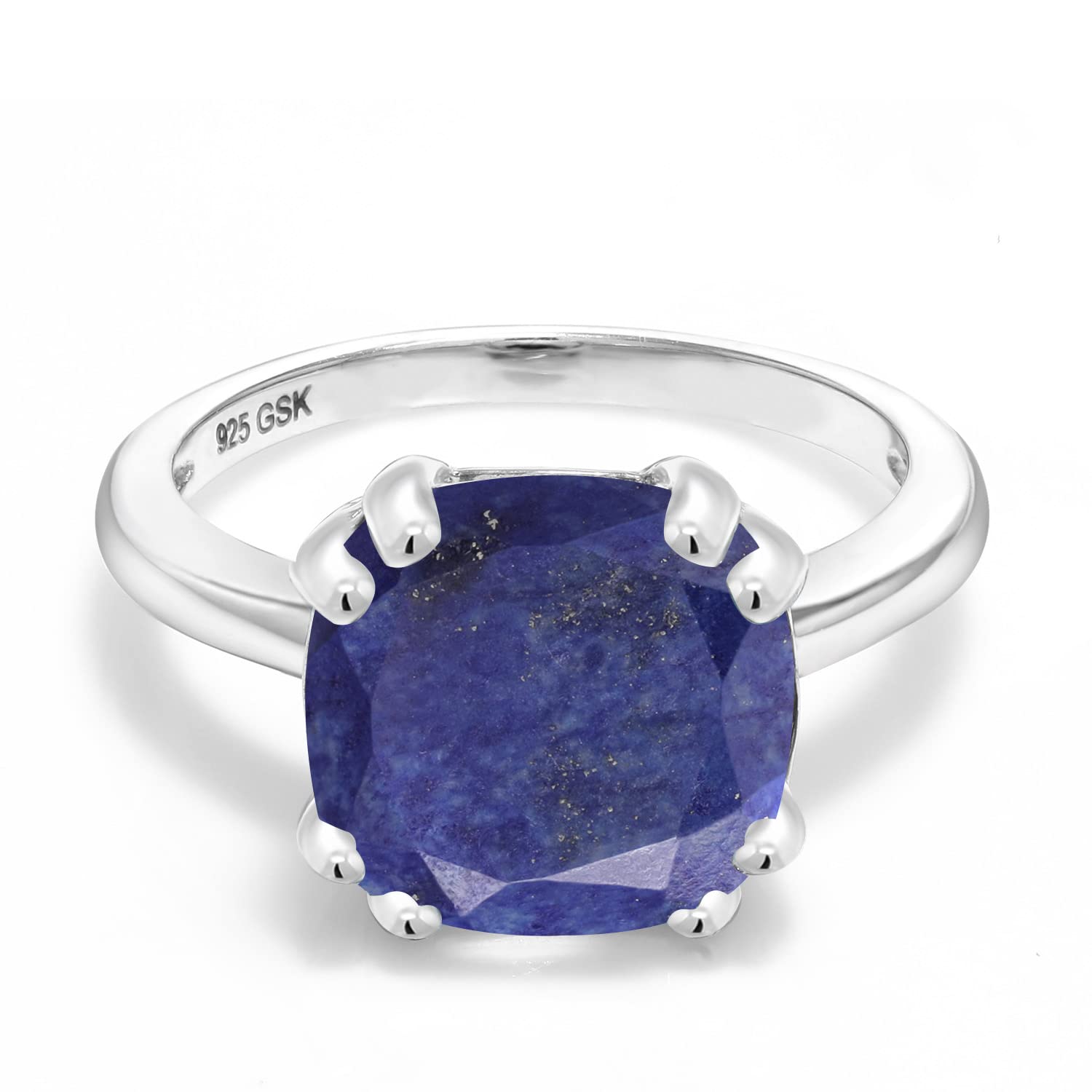 Gem Stone King 925 Sterling Silver Blue Lapis Double Prong Ring For Women (3.50 Cttw Cushion 10MM, Available In Size 5, 6, 7, 8, 9)