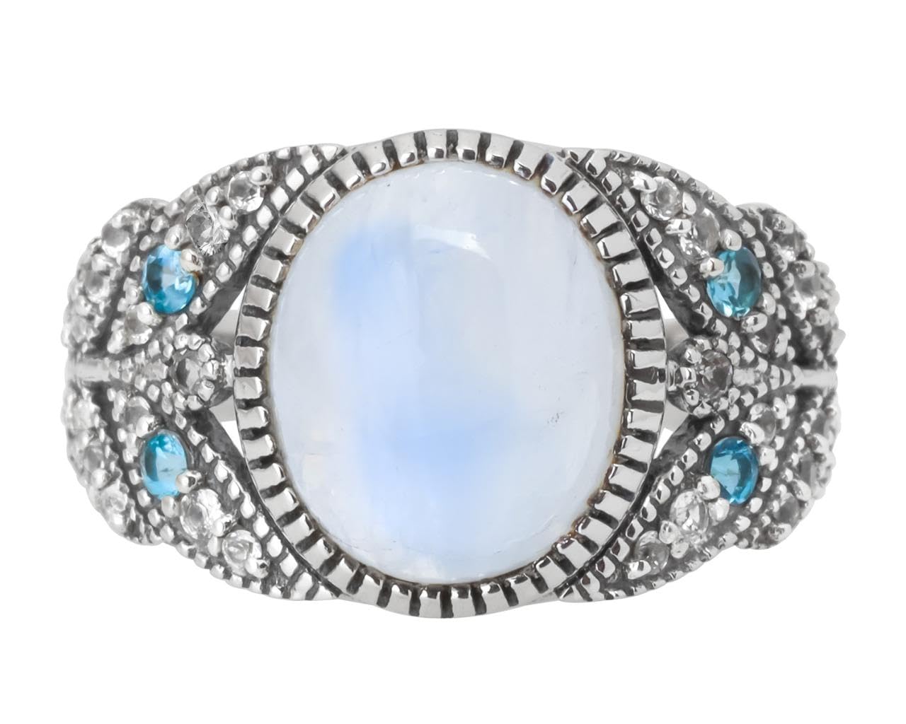 YoTreasure Rainbow Moonstone Swiss Blue Topaz 925 Sterling Silver Designer Ring Jewelry