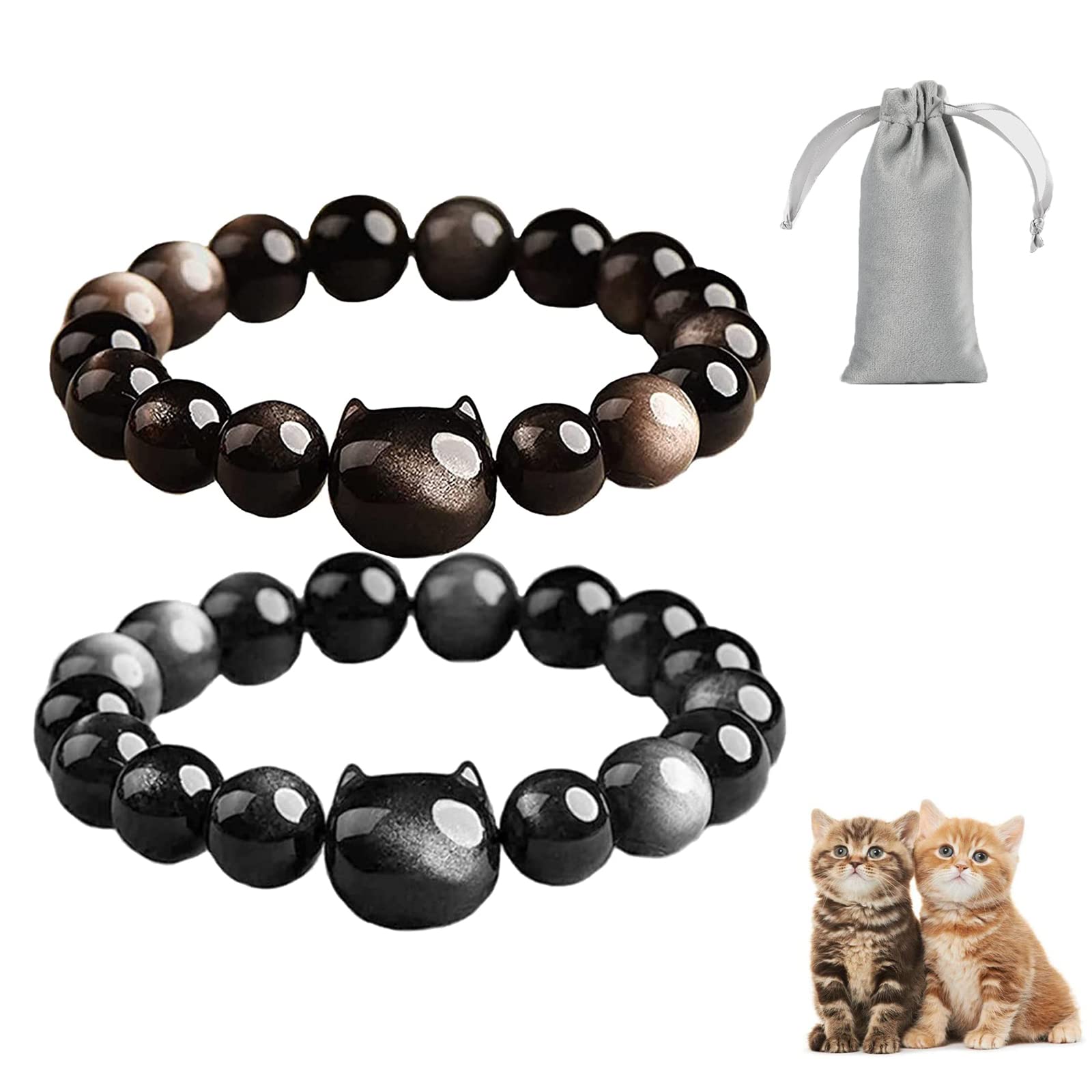 Natural Silver Obsidian Cute Cat Protection Amulet Charm Bracelet, Cat Obsidian Bead Charm Bracelet, 8/10mm Black Obsidian Crystal Bracelet, Anti Anxiety Stress Relief Jewelry Gift, Unisex (2Pcs- Gold+Silver (8mm))