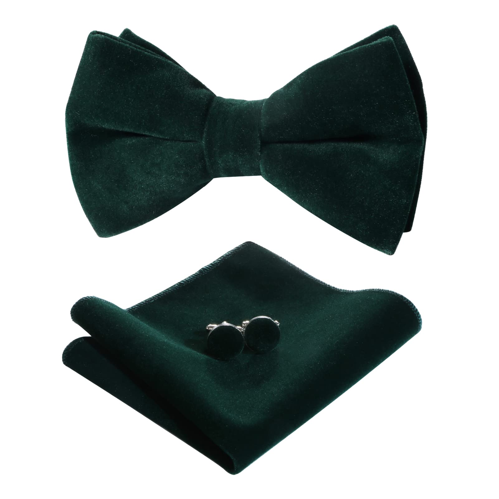 PACGOTH Bow Ties for Men Pre-Tie Bow Ties Vintage Tuxedo Velvet Bow Ties Cufflinks Pocket Square Sets With Gift Box (Dark Green)