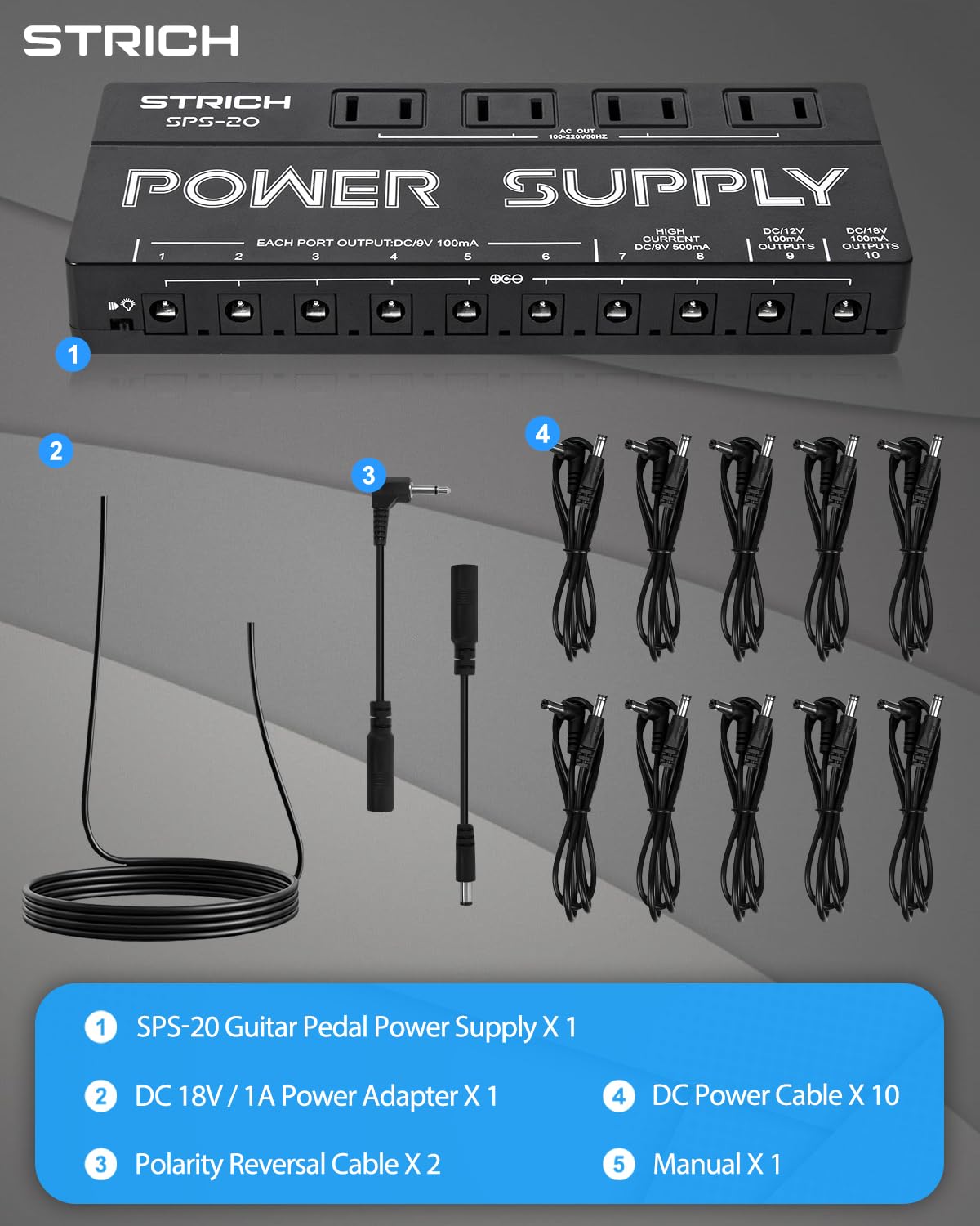 STRICH SPS-20 Guitar Power Supply 10 Isolated DC Output for 9V/12V/18V Effect Pedal