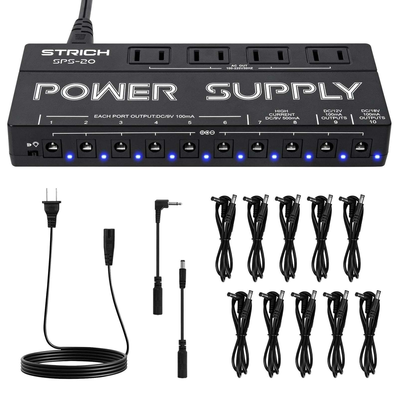 STRICH SPS-20 Guitar Power Supply 10 Isolated DC Output for 9V/12V/18V Effect Pedal