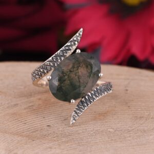 DHRUVANSH CREATIONS Natural Moss Agate Gemstone Genuine 925 Sterling Silver Bypass Ring for Women Oval Cut Women's Ring Set for Engagement Wedding Jewelry (8.5)