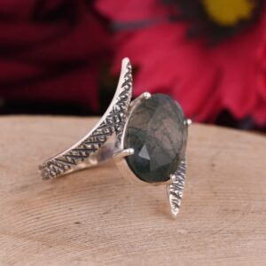 DHRUVANSH CREATIONS Natural Moss Agate Gemstone Genuine 925 Sterling Silver Bypass Ring for Women Oval Cut Women's Ring Set for Engagement Wedding Jewelry (8.5)