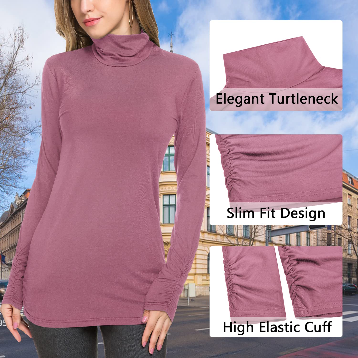 LE VONFORT Womens Turtleneck Long Sleeve Shirts Fleece Lined Lightweight Thermal Base Layer Light Purple Medium