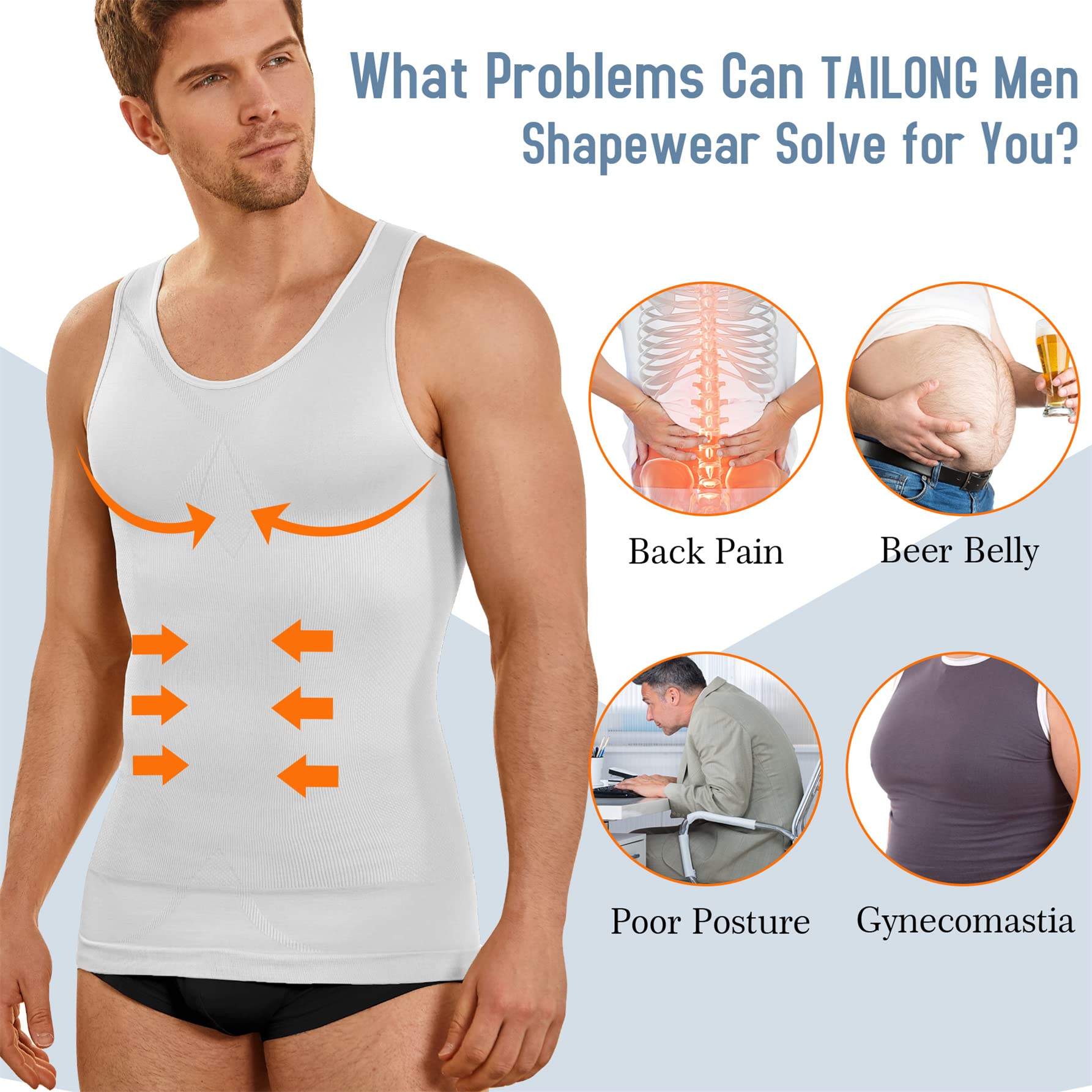 TAILONG White Compression Shirt Men Shapewear Slimming Body Shaper Waist Trainer Vest Workout Tank Tops Abdomen Undershirts