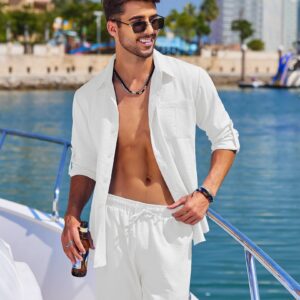 COOFANDY Mens Coordinated Outfit All White Hawaiian Shirt and Linen Pants Sets Casual Beach Linen Sets 2 Piece, White, Large