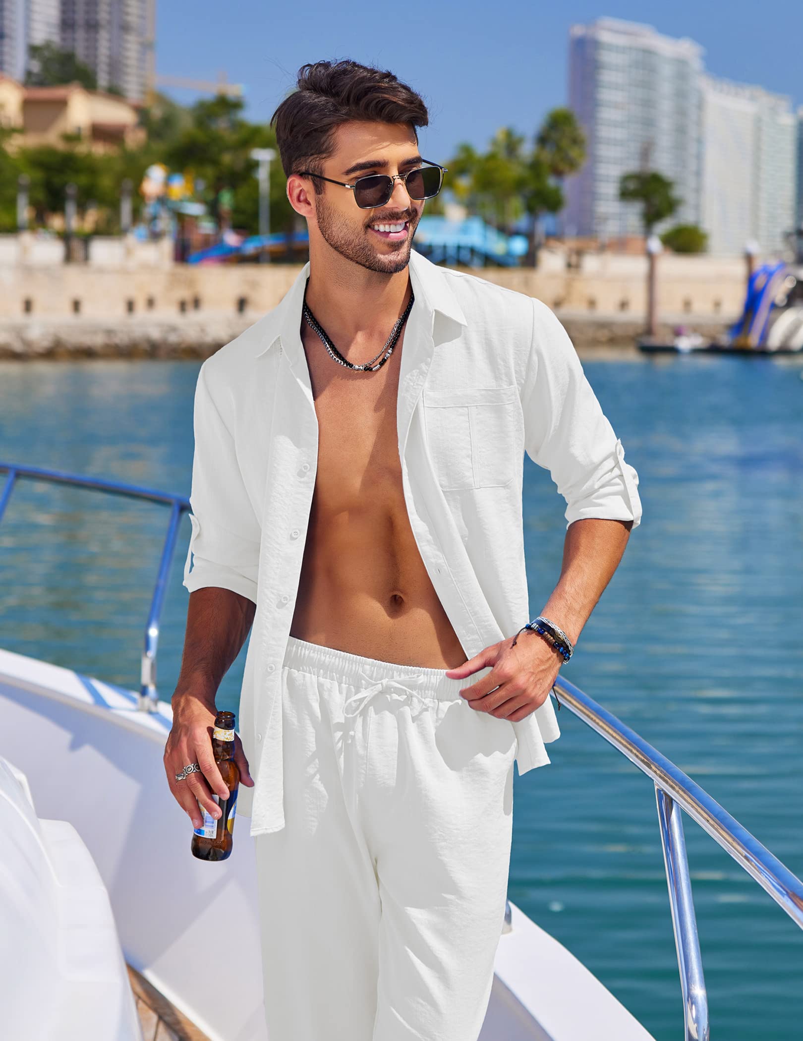 COOFANDY Mens Coordinated Outfit All White Hawaiian Shirt and Linen Pants Sets Casual Beach Linen Sets 2 Piece, White, Large