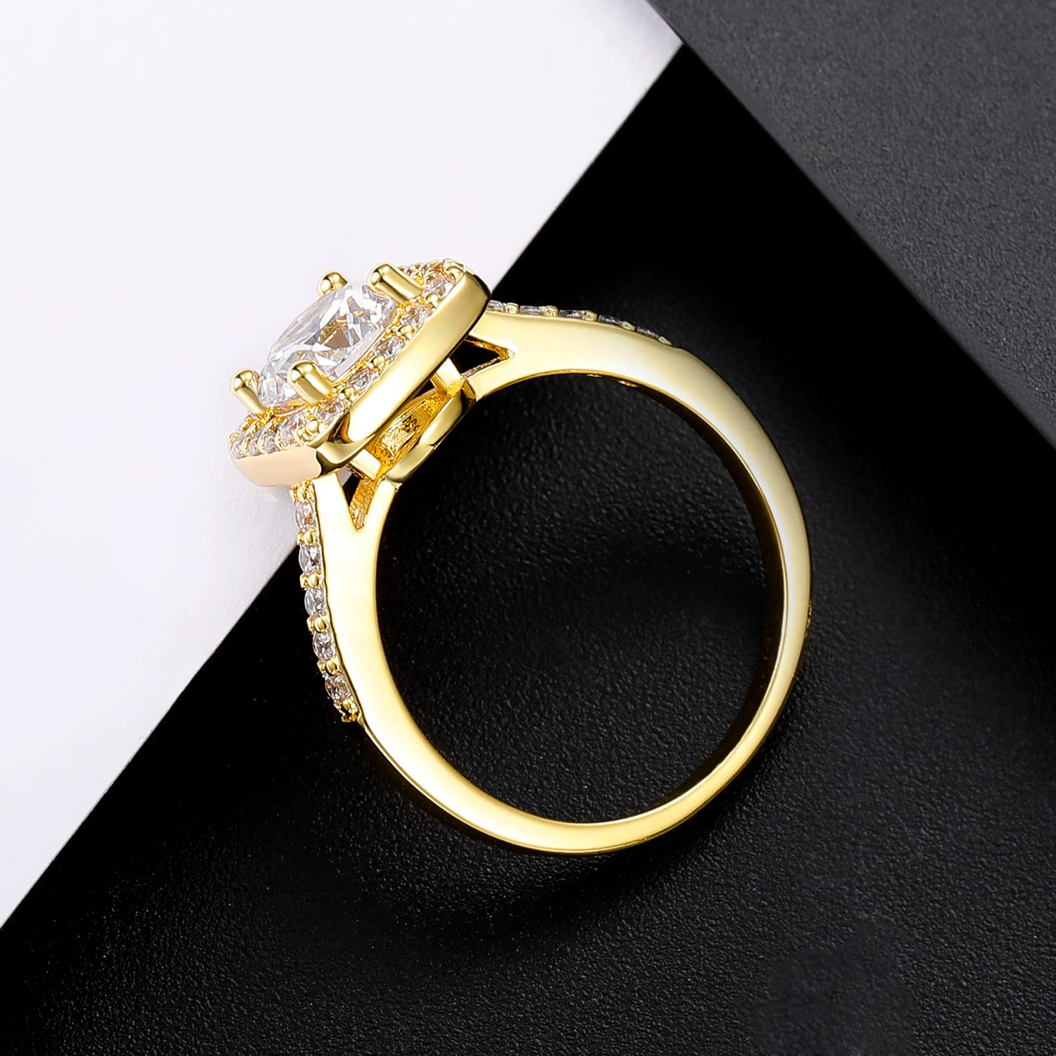 MDFUN Halo ring cz ring Square Halo Wedding Band Engagement Cubic Zirconia Ring 18K Yellow Gold Promise ring Eternity Ring for Women Size 6