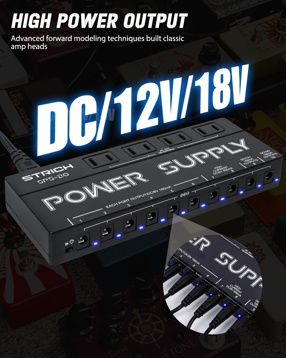 STRICH SPS-20 Guitar Power Supply 10 Isolated DC Output for 9V/12V/18V Effect Pedal