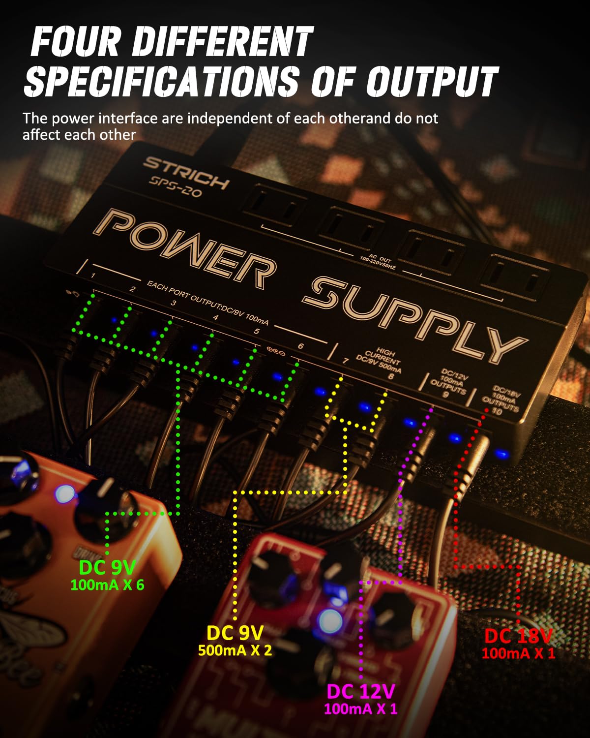 STRICH SPS-20 Guitar Power Supply 10 Isolated DC Output for 9V/12V/18V Effect Pedal