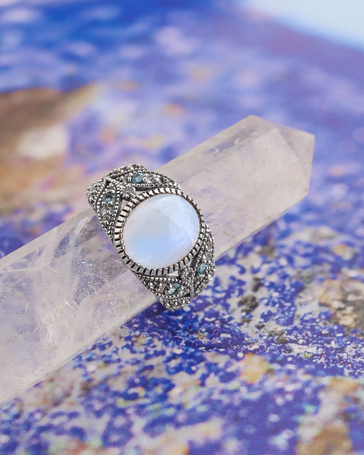 YoTreasure Rainbow Moonstone Swiss Blue Topaz 925 Sterling Silver Designer Ring Jewelry