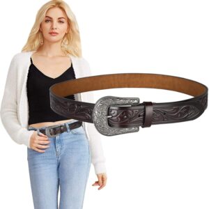 Ssumday Western Cowboy Coffee Style Leather Belts for Women Female Girl Ladies Men Cowgirl Belt Jeans Pants with Vintage Silver Buckle(ZYHCO-M)