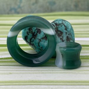 Mystic Metals Body Jewelry Pair of Green Line Agate Stone Concave Double Flared Tunnels (STN-746) (5/8" (16mm))