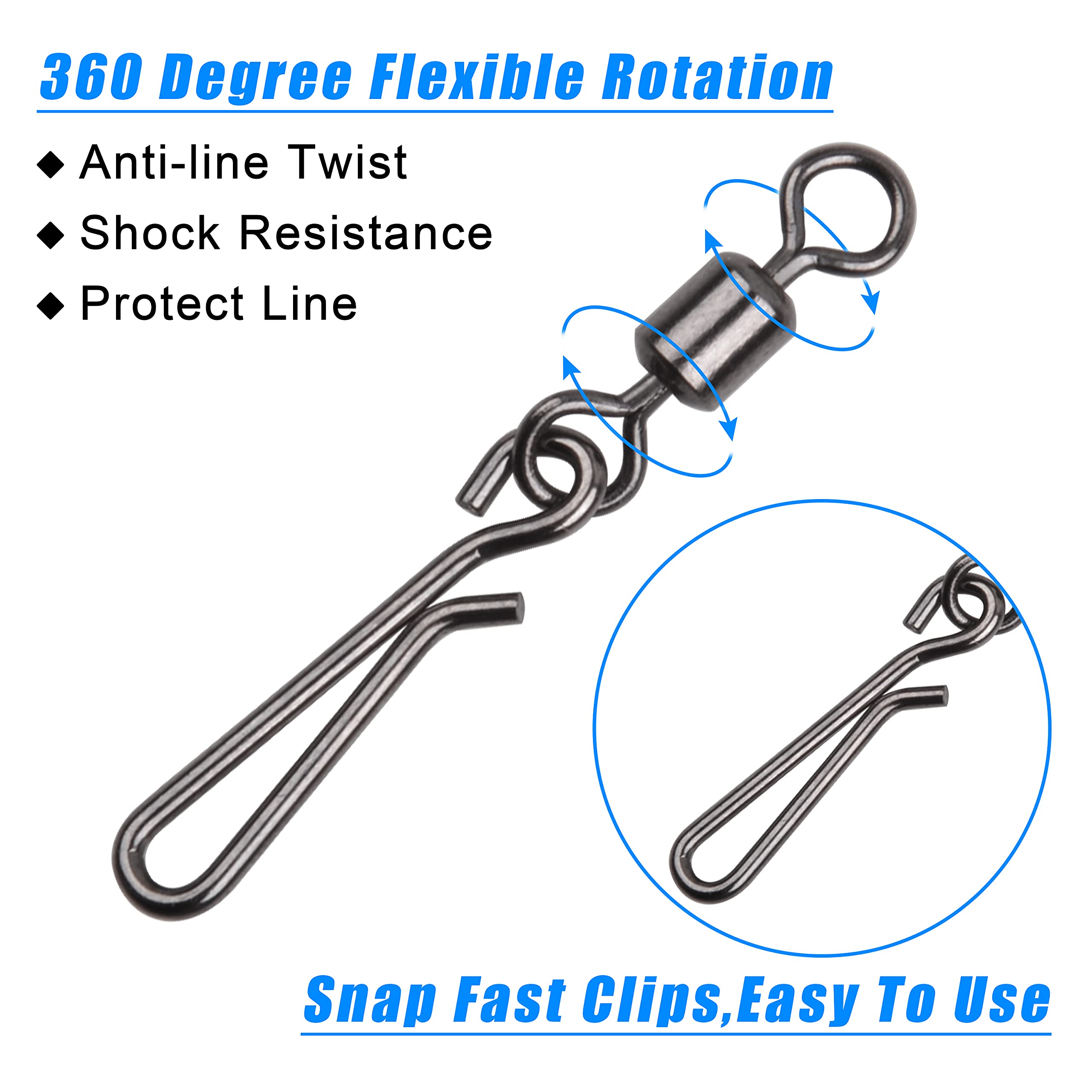 Fishing Clips Fishing Swivels Snaps Kit, 60/200pcs Quick Clips Fishing Barrel Snap Swivel Rolling Swivel with Hanging Snap Swivel Fishing Safety Snap Freshwater Saltwater Trolling Fishing Tackle