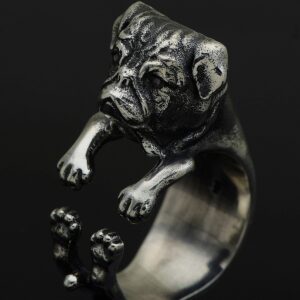 Pug Dog Adjustable Biker Ring With Black Spinel Gemstone 925 Sterling Silver (Silver, 6)