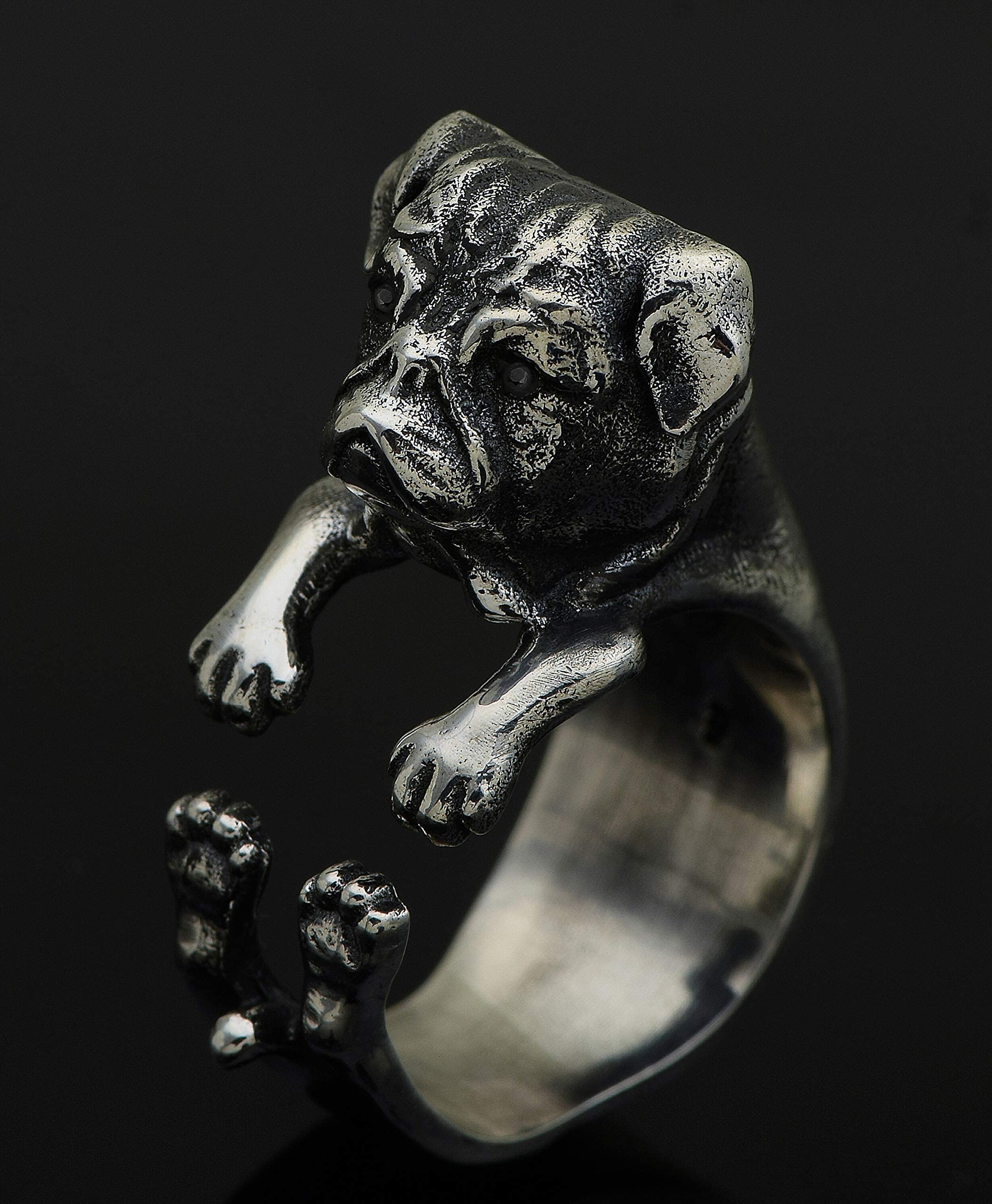 Pug Dog Adjustable Biker Ring With Black Spinel Gemstone 925 Sterling Silver (Silver, 6)