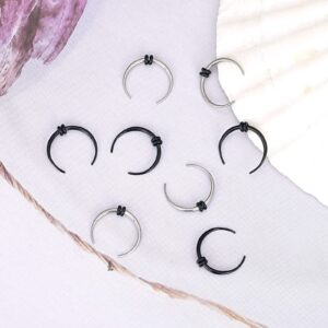 Qmcandy 8pcs 16G Stainless Steel Black Silver Pinchers Septum Piercing Horseshoes Nose Rings Buffalo Taper with Black O-Rings, 00g