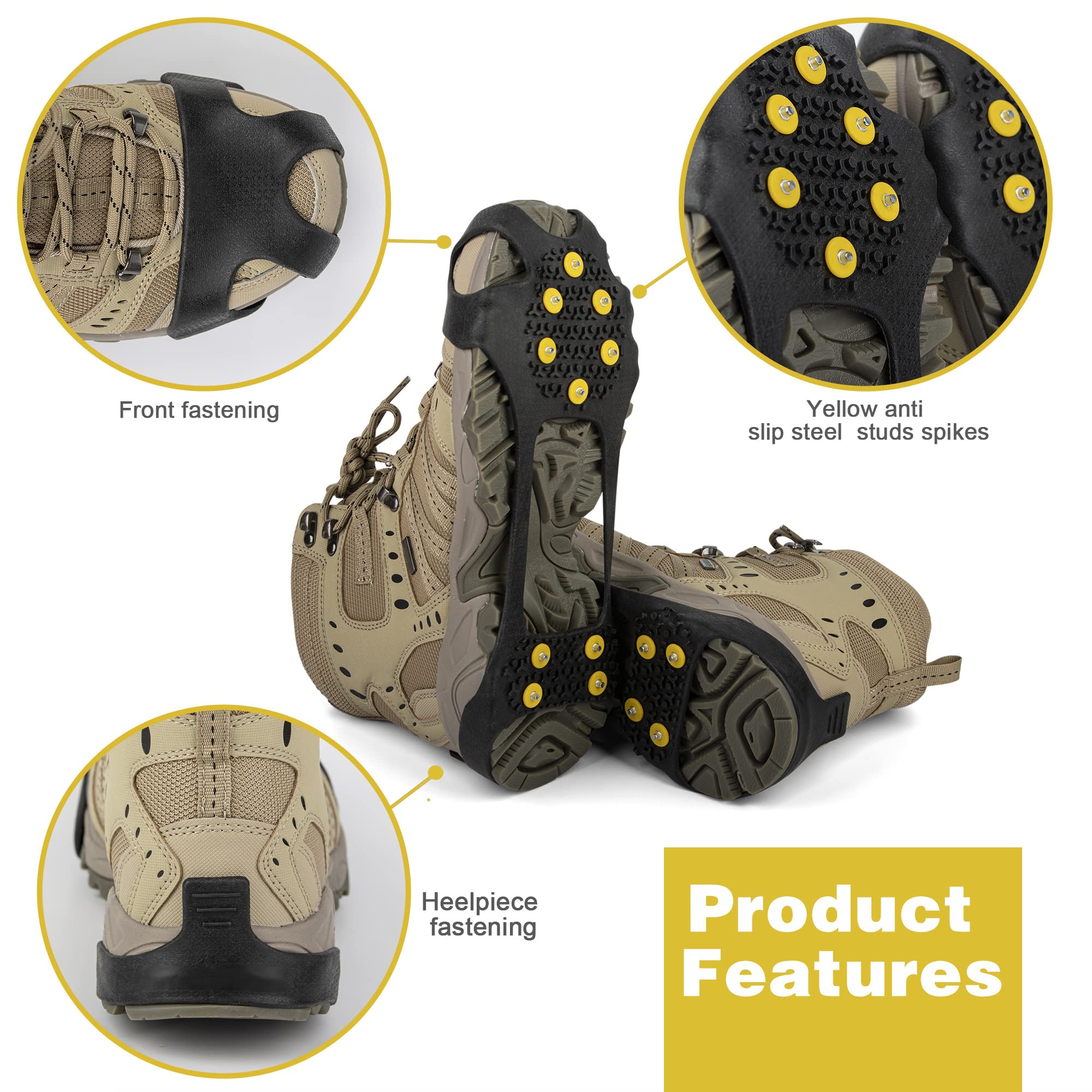 Ice Cleats Snow Traction Cleats for Shoes and Boots Lightweight Yellow Stainless Steel Non-Slip 10 Spikes for Men and Women, Crampon for Walking on Ice and Snow Mountaineering Ice Fishing (1 pair)