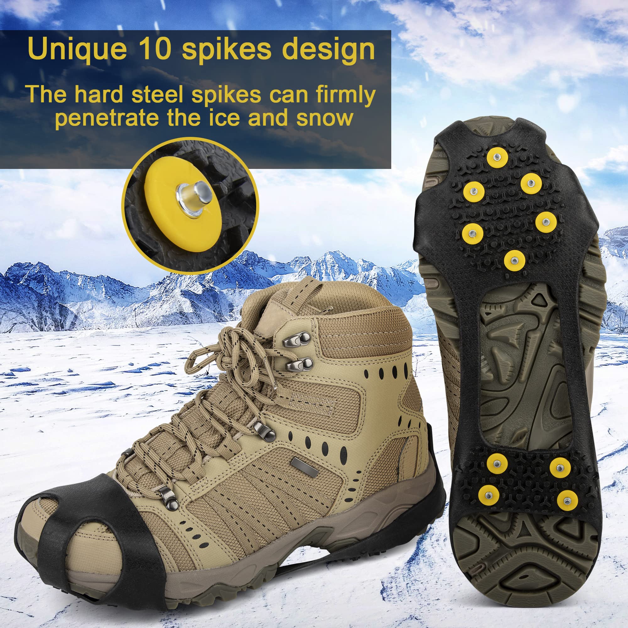 Ice Cleats Snow Traction Cleats for Shoes and Boots Lightweight Yellow Stainless Steel Non-Slip 10 Spikes for Men and Women, Crampon for Walking on Ice and Snow Mountaineering Ice Fishing (1 pair)