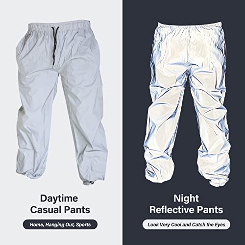 Akkad Kuti Mens Reflective Pants Silver Party Dance Fluorescent Trousers Casual Night Cycling Joggers (Silver Pants,L)