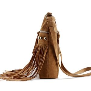 Women Hobo Fringe Crossbody Bag Vintage Small Bohemian Tassel Shoulder Bag Studded Faux Suede Western Hippie Boho Purse (Brown,One Size)