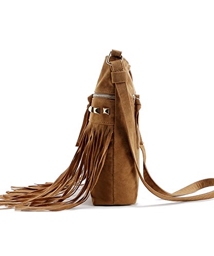 Women Hobo Fringe Crossbody Bag Vintage Small Bohemian Tassel Shoulder Bag Studded Faux Suede Western Hippie Boho Purse (Brown,One Size)