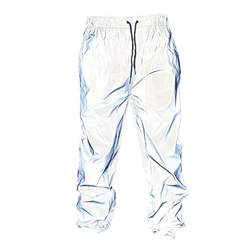 Akkad Kuti Mens Reflective Pants Silver Party Dance Fluorescent Trousers Casual Night Cycling Joggers (Silver Pants,L)