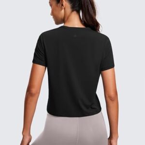 CRZ YOGA Women's Pima Cotton Short Sleeve Crop Tops High Neck Cropped Workout Tops Yoga Athletic Shirts Casual T-Shirt Black X-Small