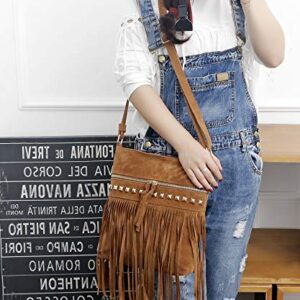 Women Hobo Fringe Crossbody Bag Vintage Small Bohemian Tassel Shoulder Bag Studded Faux Suede Western Hippie Boho Purse (Brown,One Size)