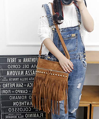 Women Hobo Fringe Crossbody Bag Vintage Small Bohemian Tassel Shoulder Bag Studded Faux Suede Western Hippie Boho Purse (Brown,One Size)