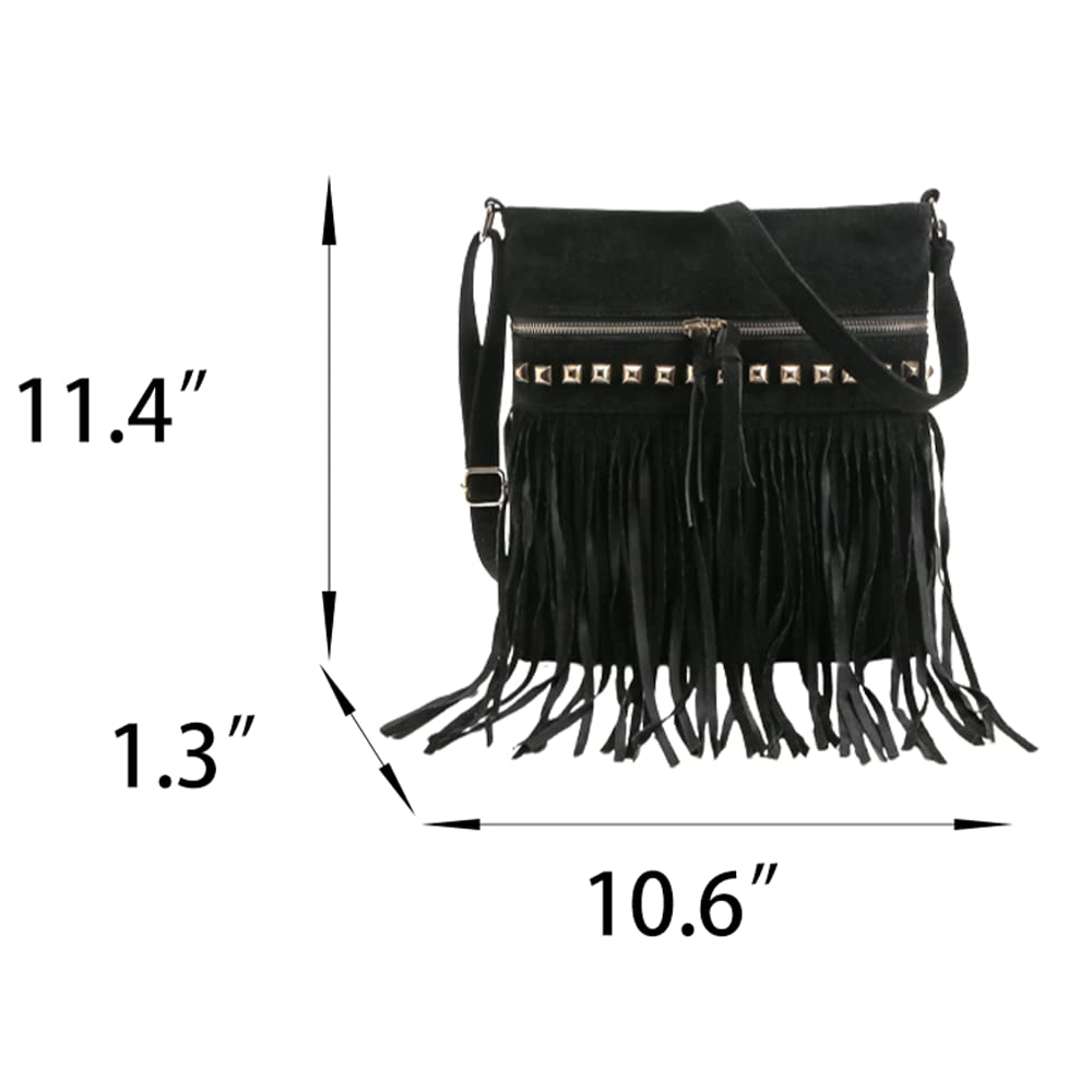 Women Hobo Fringe Crossbody Bag Vintage Small Bohemian Tassel Shoulder Bag Studded Faux Suede Western Hippie Boho Purse (Brown,One Size)