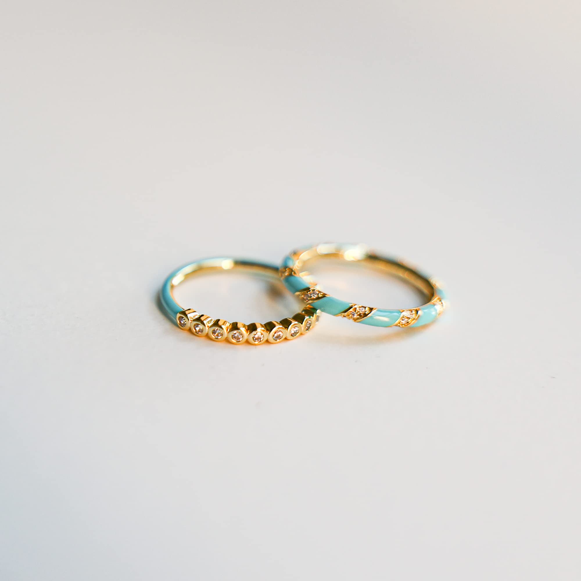 BLOSSOM & HUE Turquoise Ring Stacker Set | Size 7 | Two Tone CZ & Enamel Stacking Band | Set of 2 |Stackable Half Eternity