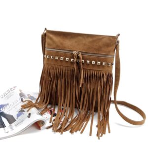 Women Hobo Fringe Crossbody Bag Vintage Small Bohemian Tassel Shoulder Bag Studded Faux Suede Western Hippie Boho Purse (Brown,One Size)