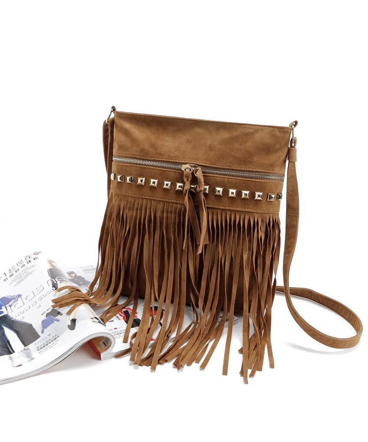 Women Hobo Fringe Crossbody Bag Vintage Small Bohemian Tassel Shoulder Bag Studded Faux Suede Western Hippie Boho Purse (Brown,One Size)