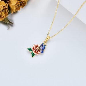 SISGEM 10K Real Gold Butterfly Rose Necklace for Women,Yellow/Rose Gold Rose Flower Pendant Necklace Dainty Rose Butterfly Jewelry Gifts for Birthday Christmas 16+1+1 inch (10K Gold-Yellow)