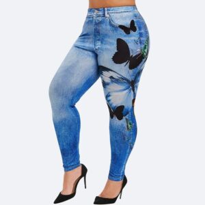 Women's Jean Leggings Plus Size Fake Jeans Butterfly Denim Print Yoga Pants High Waisted Tights Stretch Look Jeggings