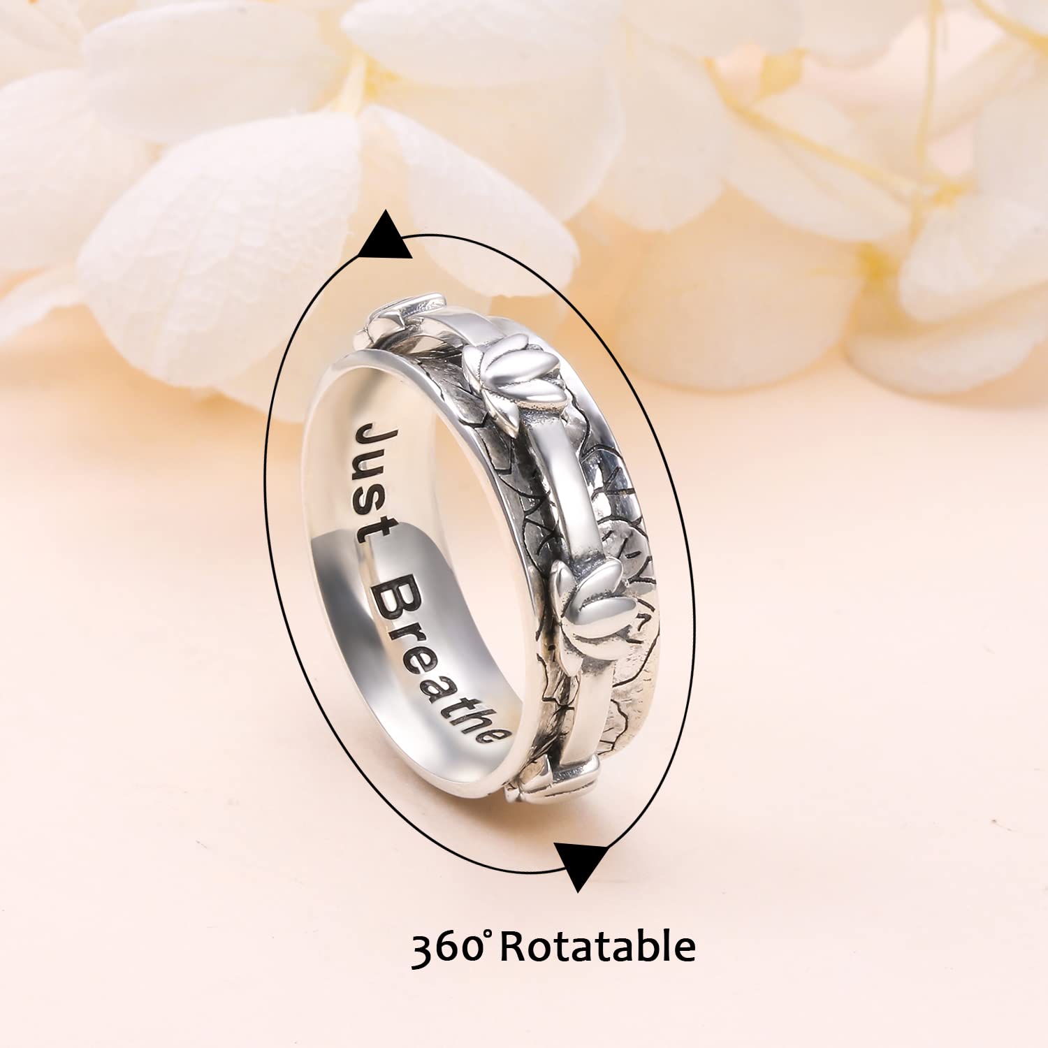 Ladytree Lotus Anxiety Relieve Spinner Rings Just Breathe Yoga Flower Fidget Ring Wide Band Oxidized Sterling Silver ADHD Stress Relieving Ring for Women(7)