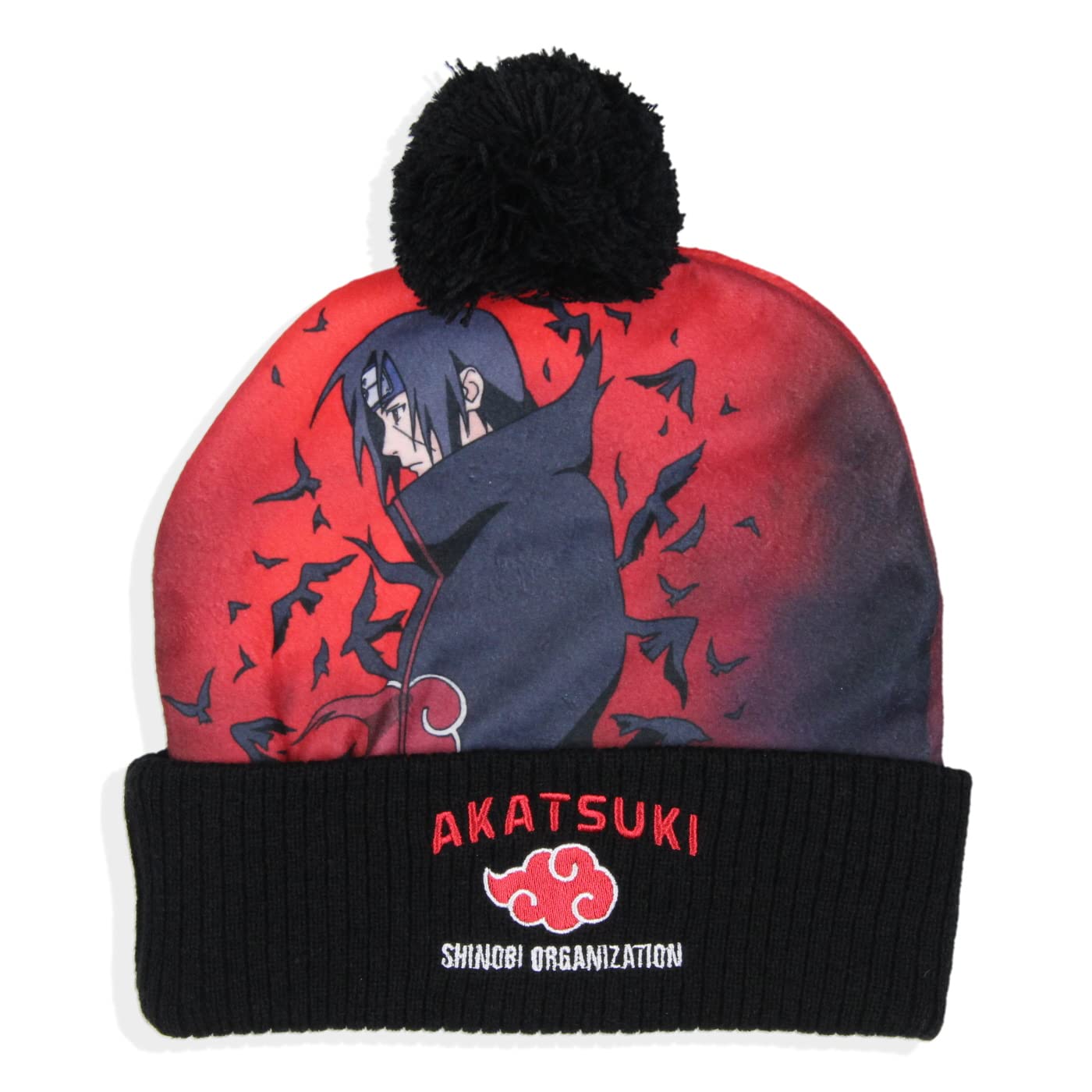 Bioworld Naruto Shippuden Itachi Akatsuki Shinobi Organization Cuffed Pom Beanie Hat Black