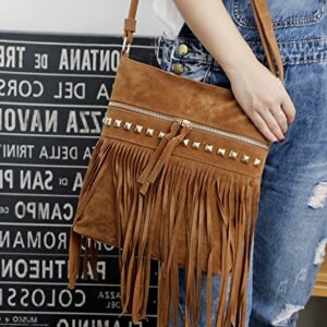 Women Hobo Fringe Crossbody Bag Vintage Small Bohemian Tassel Shoulder Bag Studded Faux Suede Western Hippie Boho Purse (Brown,One Size)