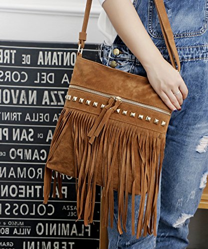 Women Hobo Fringe Crossbody Bag Vintage Small Bohemian Tassel Shoulder Bag Studded Faux Suede Western Hippie Boho Purse (Brown,One Size)