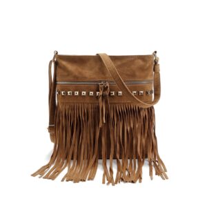 women hobo fringe crossbody bag vintage small bohemian tassel shoulder bag studded faux suede western hippie boho purse (brown,one size)