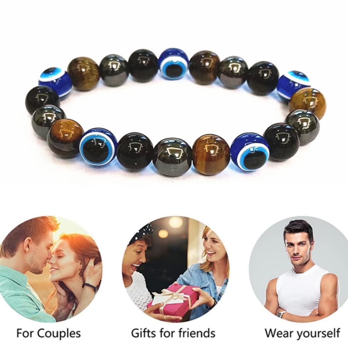 WEFRIN Evil Eye with Hematite Black Obsidian Tiger Eye Stone Triple Protection Bracelets for Men Women, Crystal Jewelry Stone Bracelets Bring Luck and Prosperity and Happiness 10mm Beads