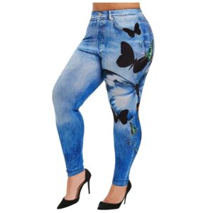 women's jean leggings plus size fake jeans butterfly denim print yoga pants high waisted tights stretch look jeggings