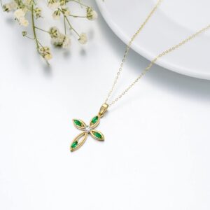 MUUYON 14K Gold Emerald Cross Necklace for Women, Real Yellow Gold Created Emerald Green Cross Pendant Necklace, Religion Jewelry for Ladies Mom Sisters, 16"+1"+1"