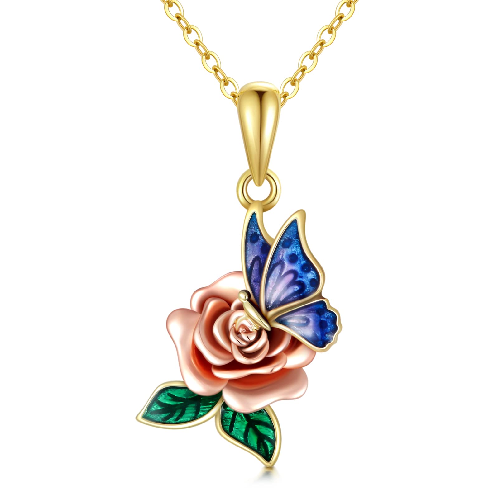 SISGEM 10K Real Gold Butterfly Rose Necklace for Women,Yellow/Rose Gold Rose Flower Pendant Necklace Dainty Rose Butterfly Jewelry Gifts for Birthday Christmas 16+1+1 inch (10K Gold-Yellow)