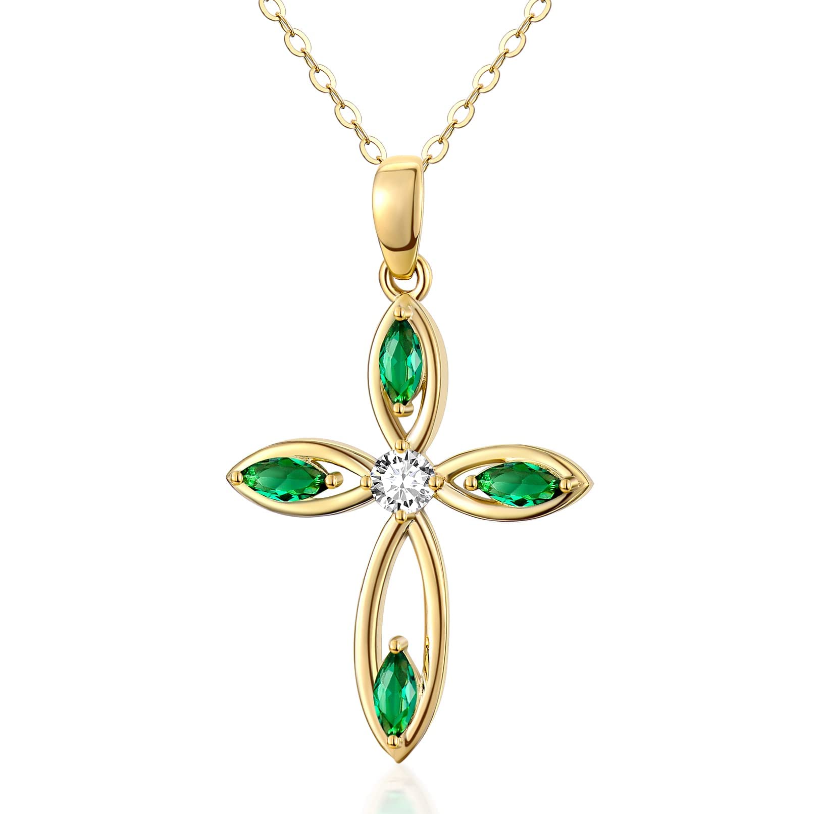 MUUYON 14K Gold Emerald Cross Necklace for Women, Real Yellow Gold Created Emerald Green Cross Pendant Necklace, Religion Jewelry for Ladies Mom Sisters, 16"+1"+1"